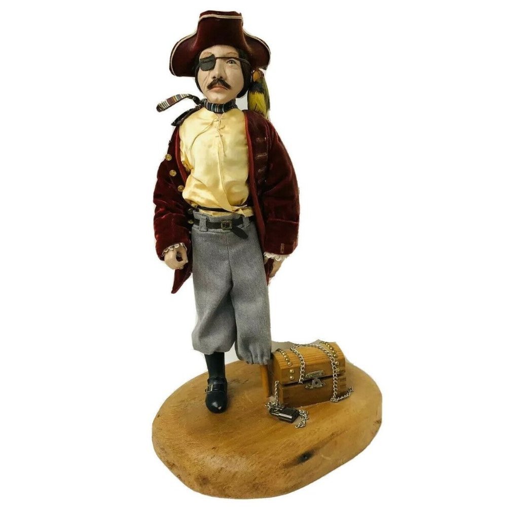 Handmade Pirate Doll with Parrot and Treasure Chest Display